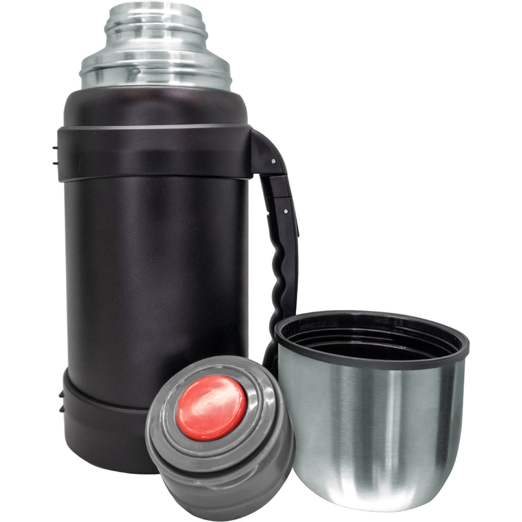 Garrafa térmica em aço inoxidável com copo e tampa de encaixe.