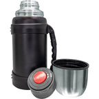 Garrafa térmica em aço inoxidável com copo e tampa de encaixe.