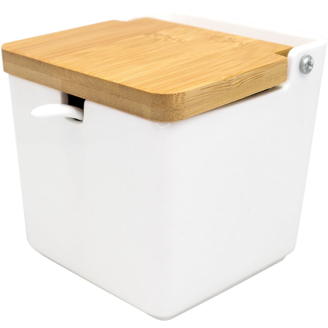 Salero cuadrado de porcelana con cuchara y tapa