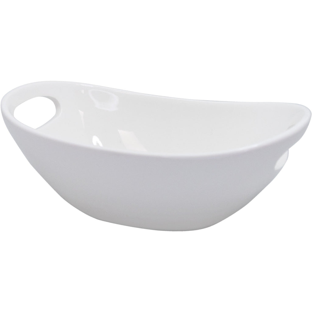 Taça oval em porcelana com pegas para snacks.
