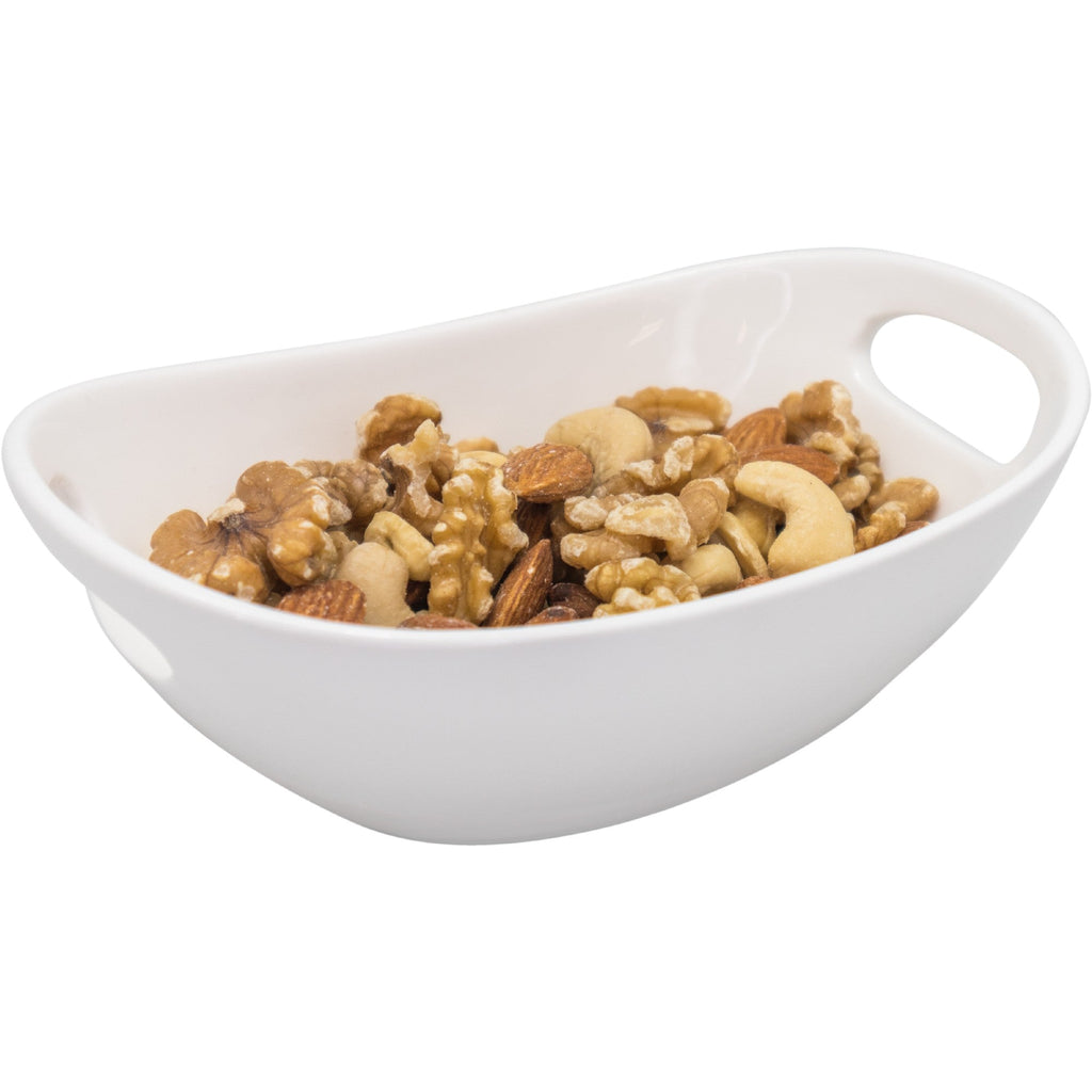 Taça oval em porcelana com pegas para snacks.