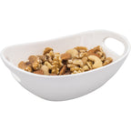 Taça oval em porcelana com pegas para snacks.