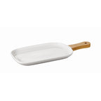 Tabuleiro de porcelana para snacks com pega de bambu