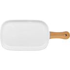 Tabuleiro de porcelana para snacks com pega de bambu