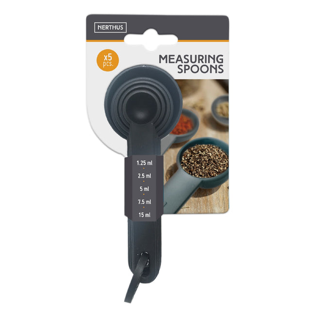 Set de 5 cucharas medidoras grises con medidas de 1,25 ml a 15 ml