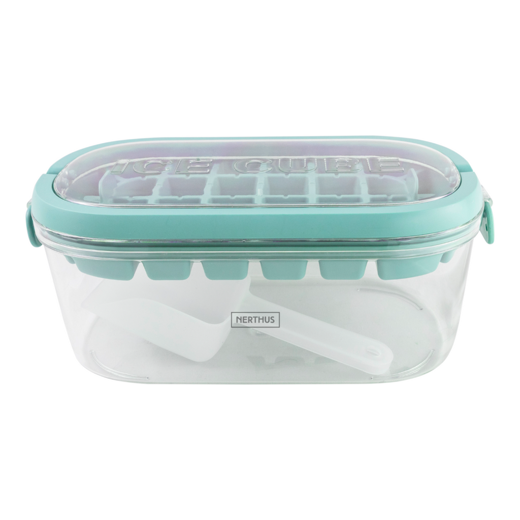 Forma de gelo com pegas, capacidade para 28 cubos e colher.