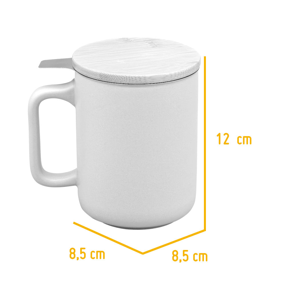 Ceramic Teacup with Stainless Steel Infuser Filter and Bamboo Lid