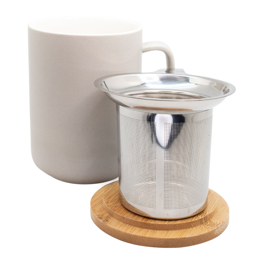 Ceramic Teacup with Stainless Steel Infuser Filter and Bamboo Lid