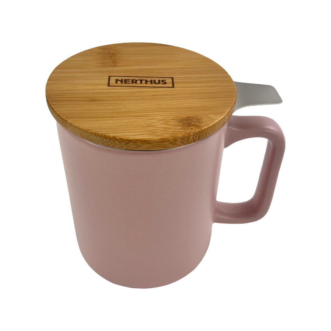Ceramic Teacup with Stainless Steel Infuser Filter and Bamboo Lid
