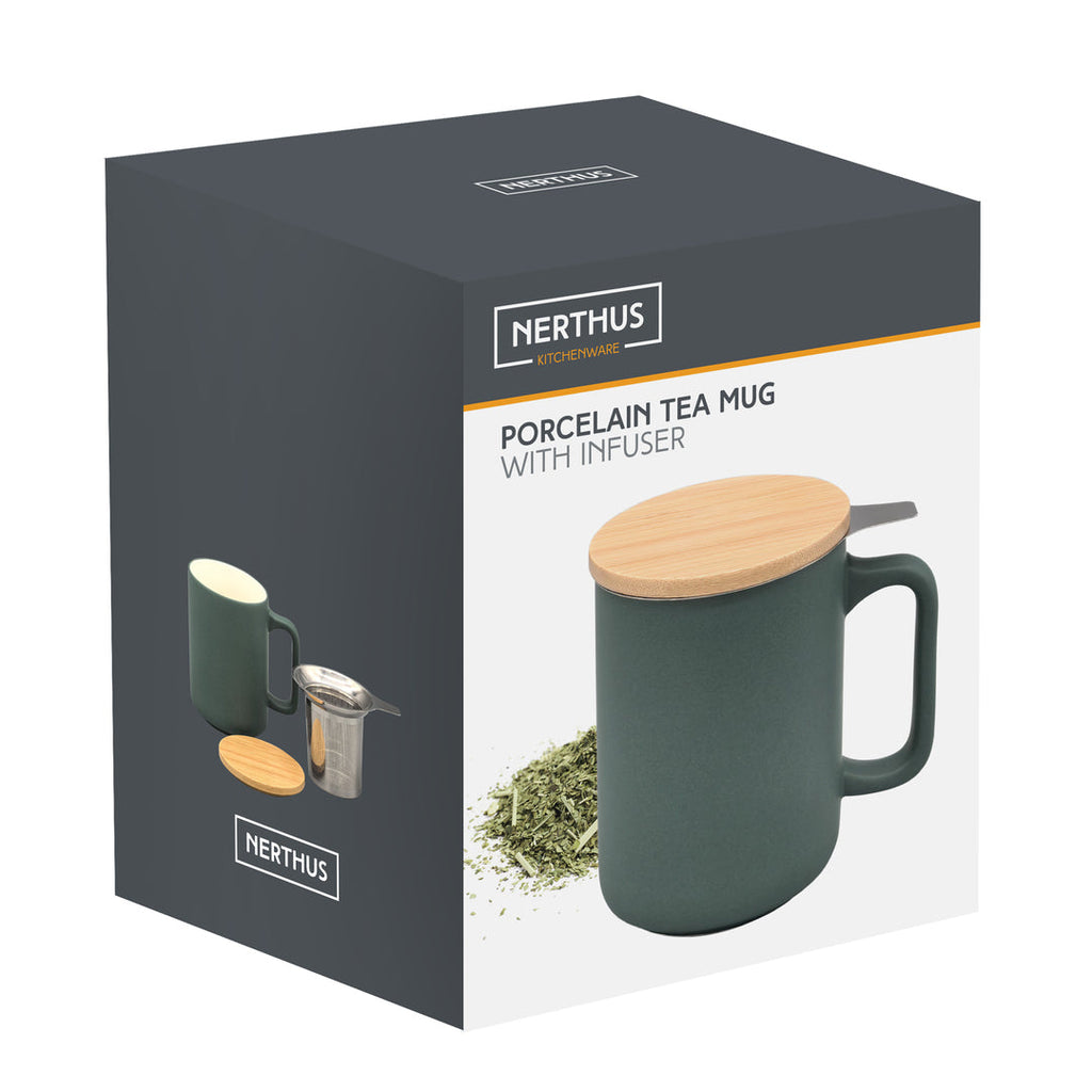 Ceramic Teacup with Stainless Steel Infuser Filter and Bamboo Lid