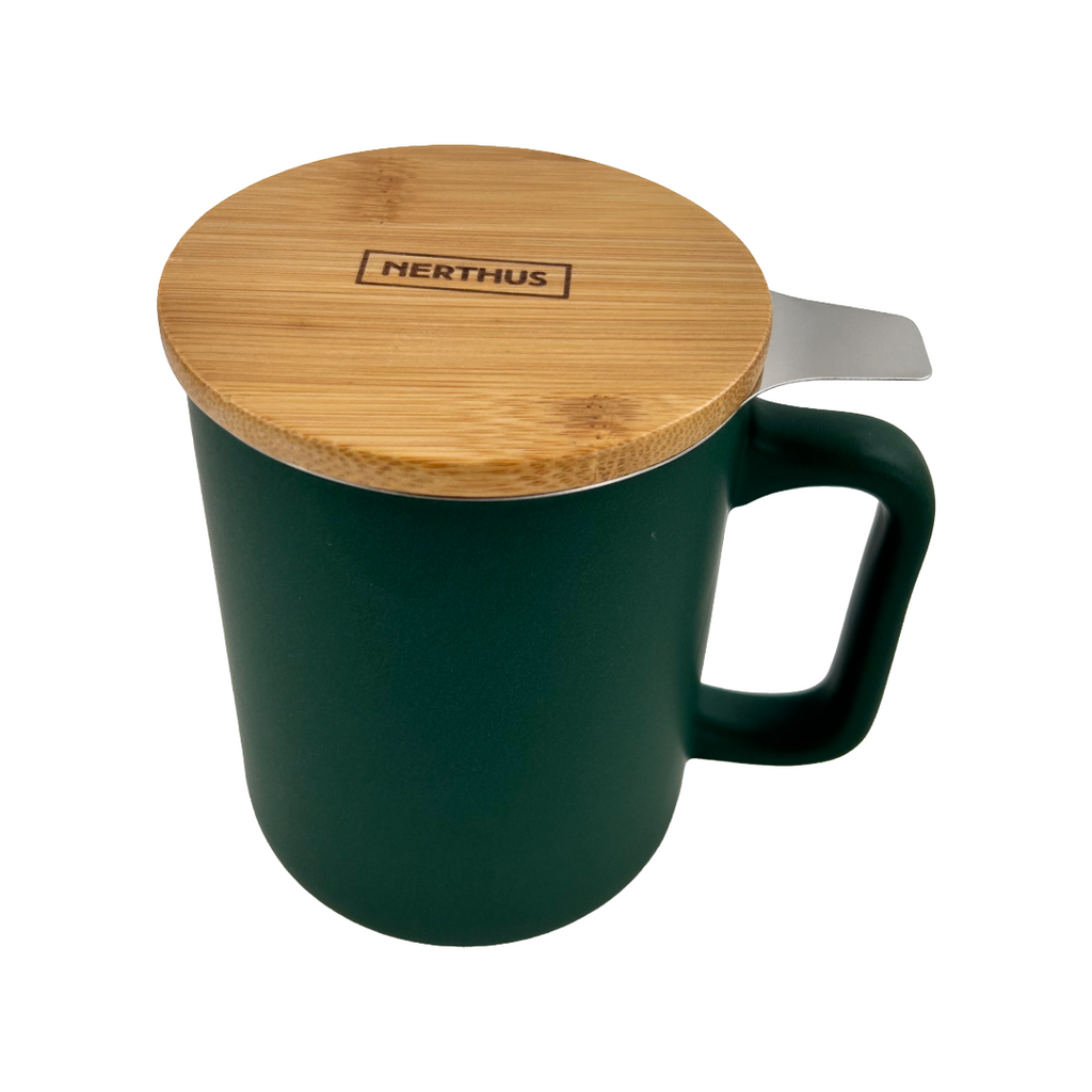 Ceramic Teacup with Stainless Steel Infuser Filter and Bamboo Lid