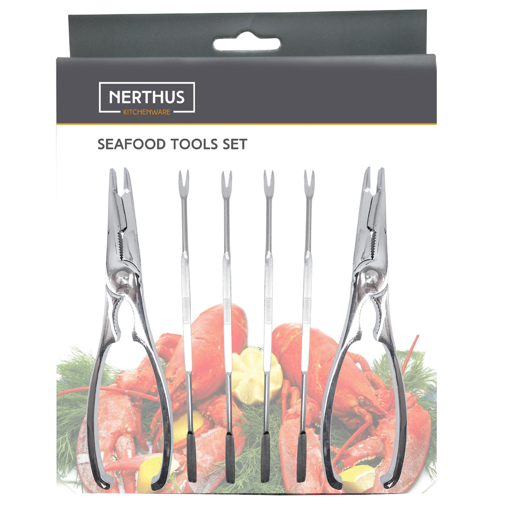 Conjunto de utensílios para marisco com pinças e espetos.
