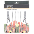 Conjunto de utensílios para marisco com pinças e espetos.