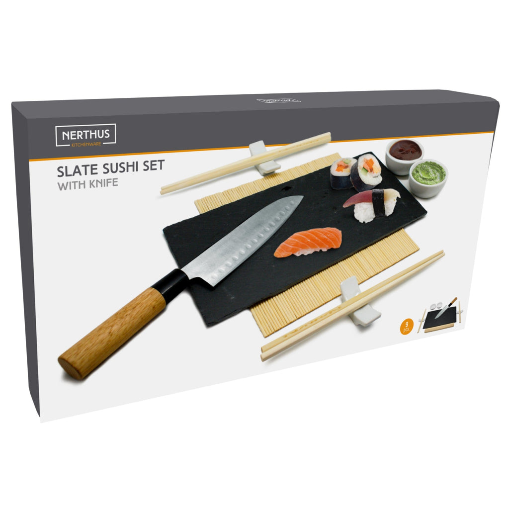 Conjunto para sushi com faca, ardósia e acessórios.