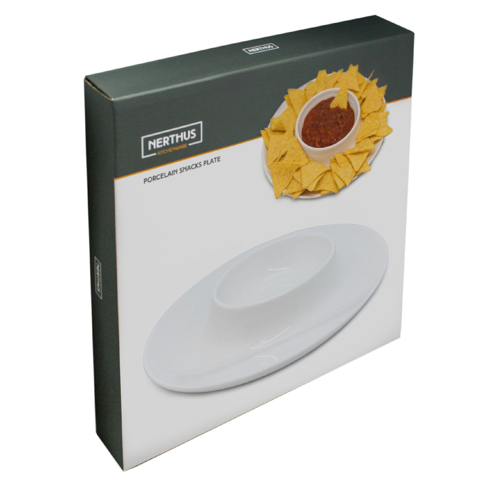 Prato redondo em porcelana para aperitivos com compartimento para molho.