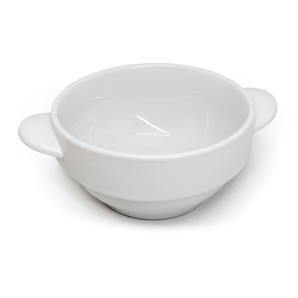 Tigela de sopa em porcelana com pegas