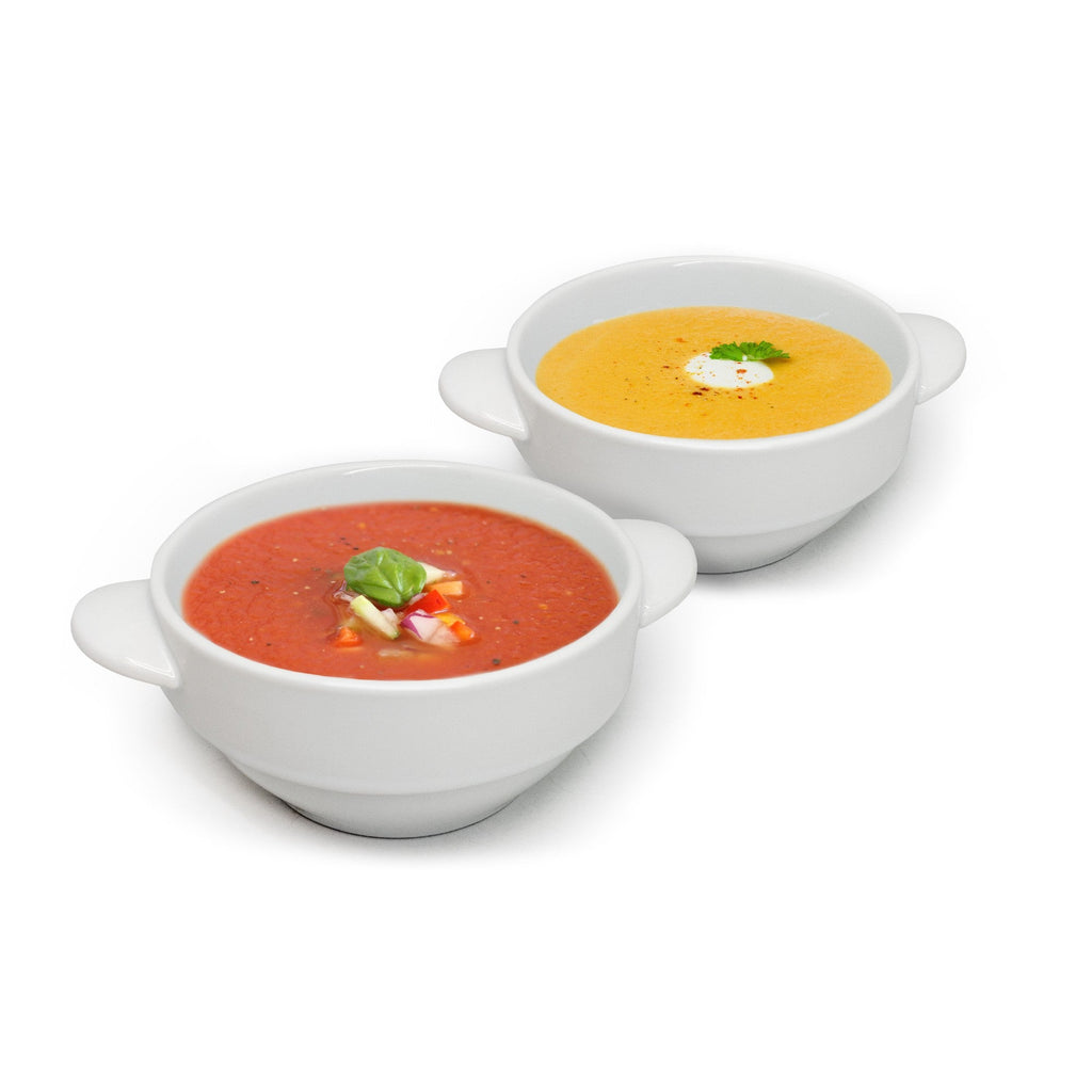 Tigela de sopa em porcelana com pegas