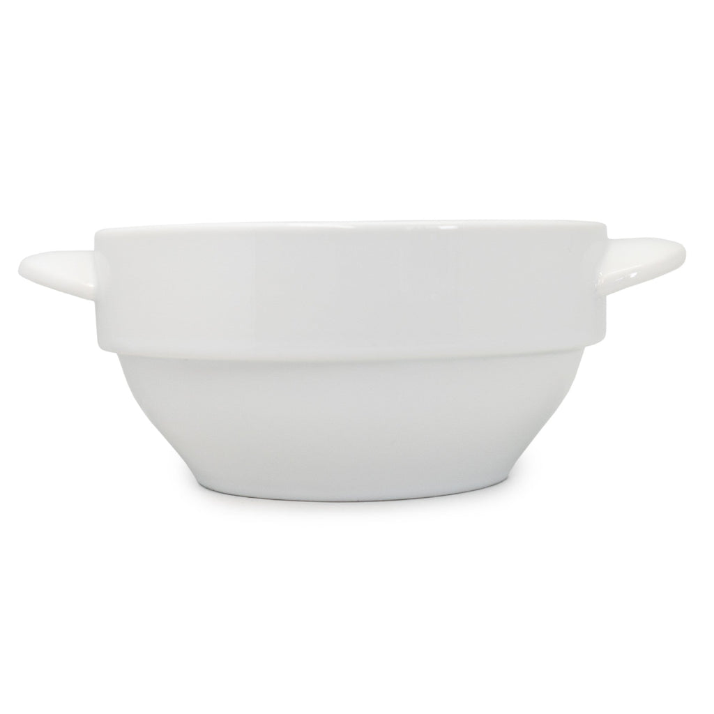 Tigela de sopa em porcelana com pegas