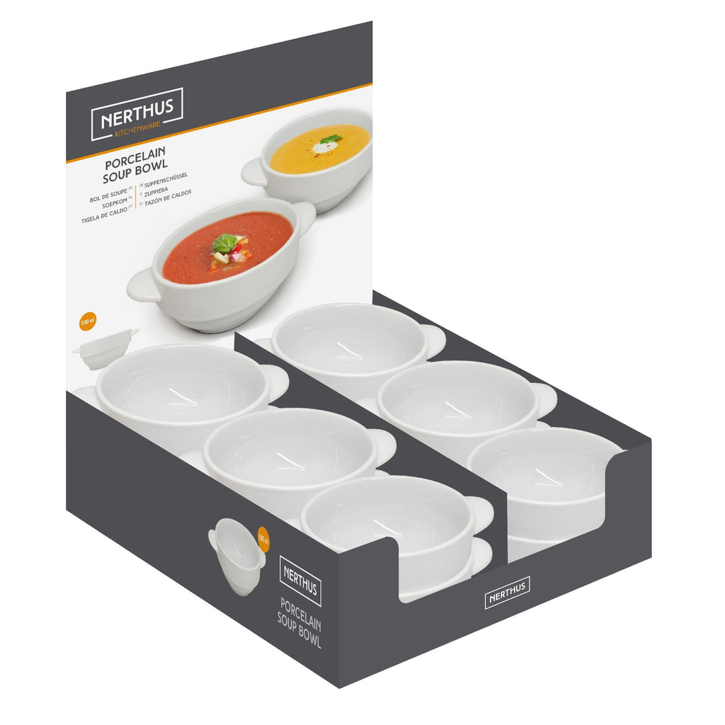 Tigela de sopa em porcelana com pegas