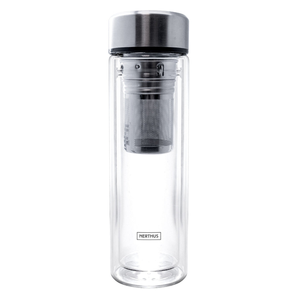 Garrafa de vidro de 350ml com infusor e parede dupla.
