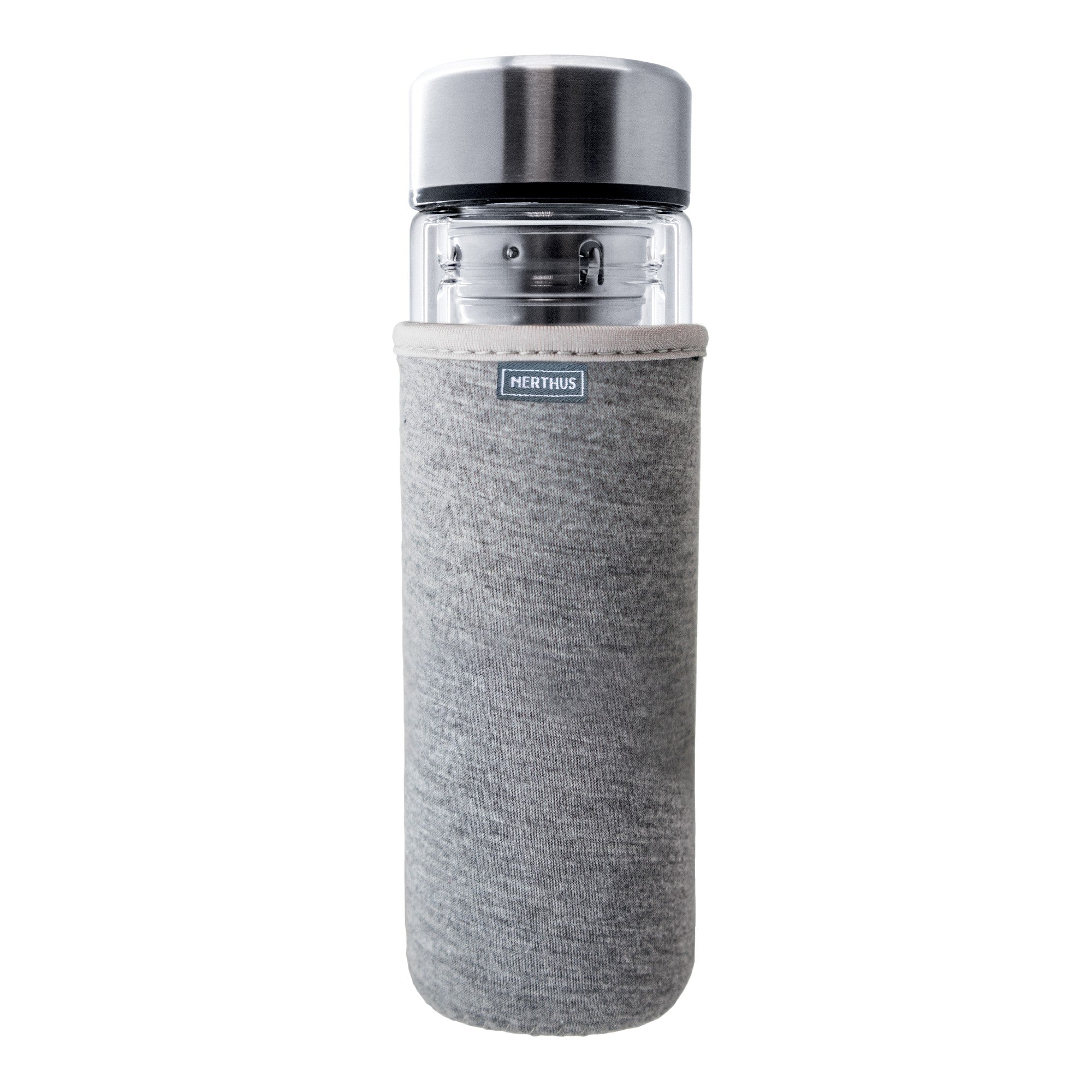 Garrafa de vidro de 350ml com infusor e parede dupla.