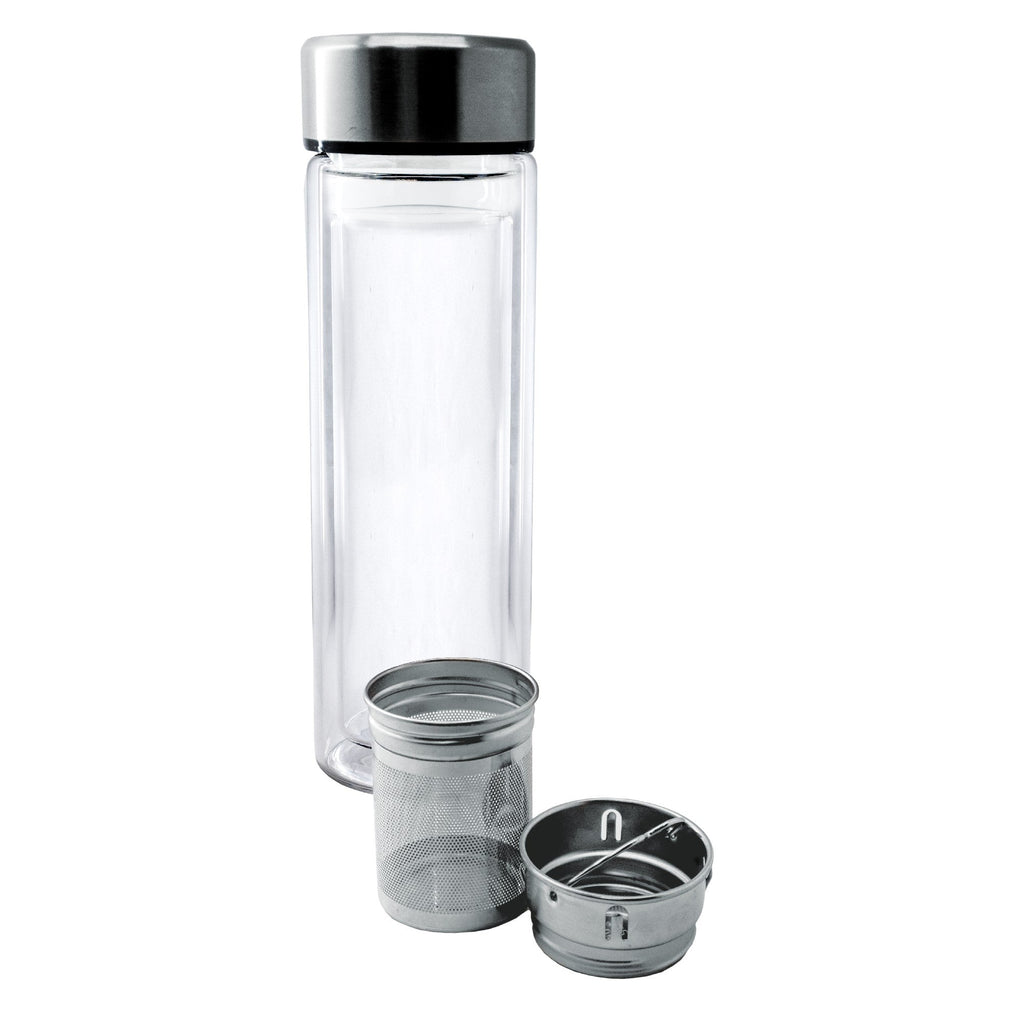 Garrafa de vidro de 350ml com infusor e parede dupla.