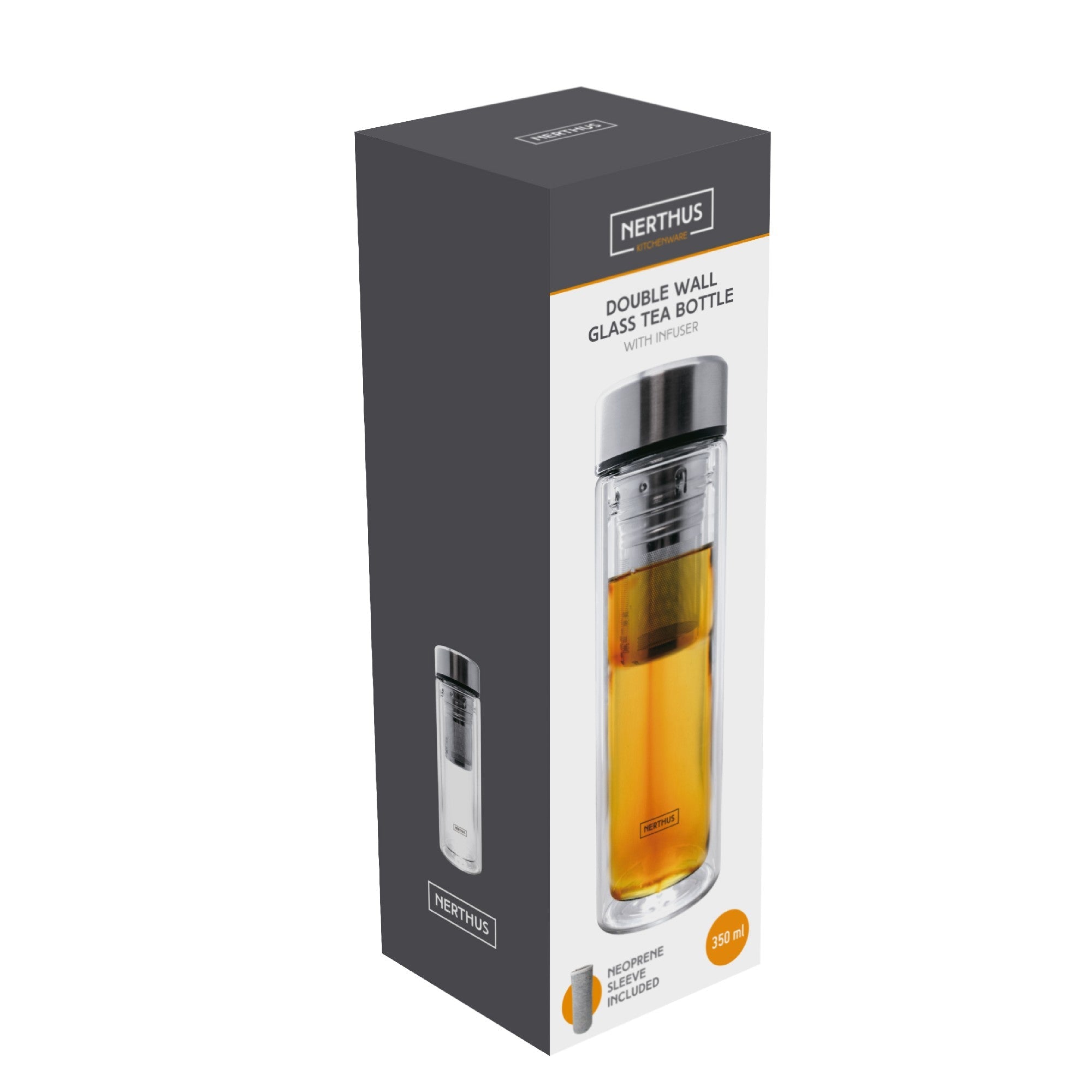 Garrafa de vidro de 350ml com infusor e parede dupla.