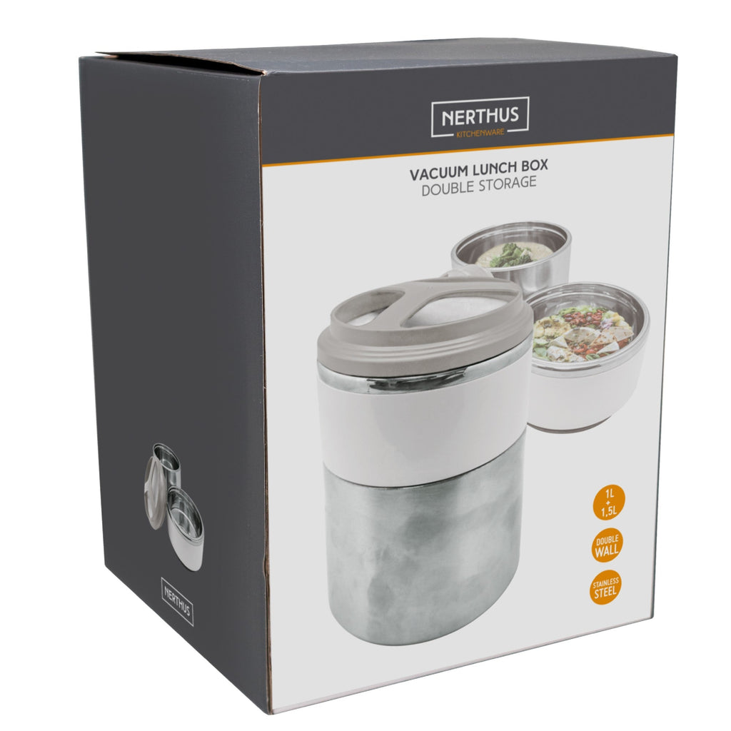 Garrafa térmica para alimentos em aço inoxidável, 1L ou 1,5L, com dois compartimentos.