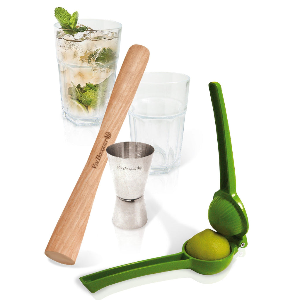 Conjunto para mojito e caipirinha com copos e acessórios.
