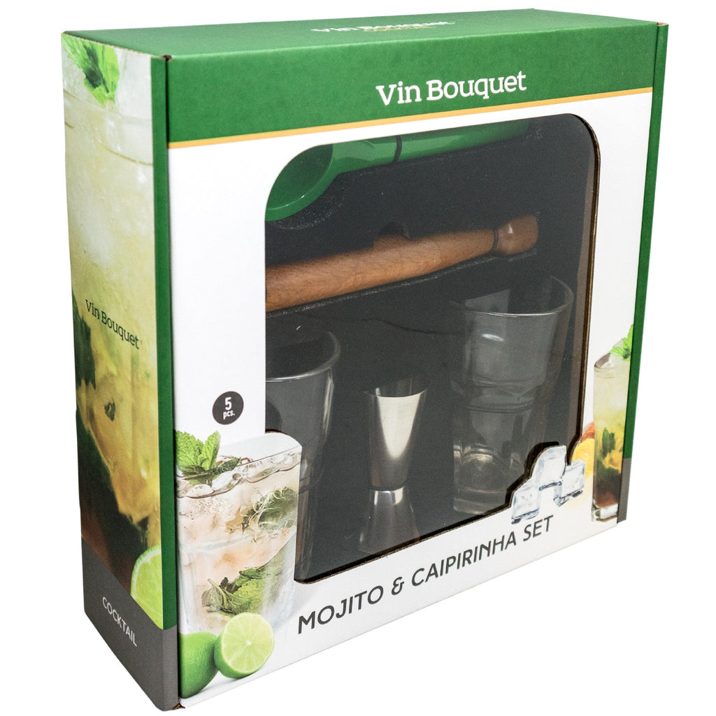 Conjunto para mojito e caipirinha com copos e acessórios.
