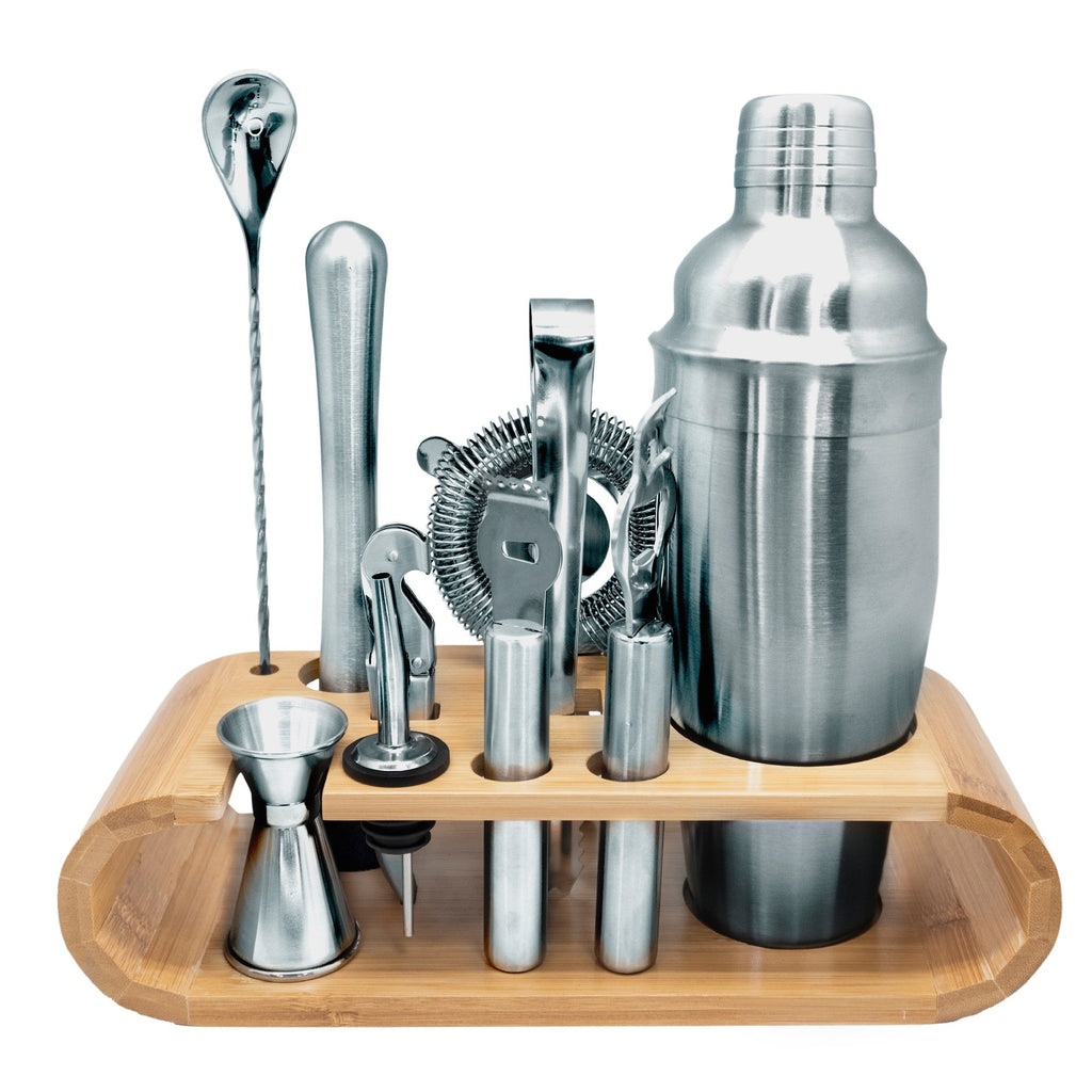 Set de coctelería con base de bambú inox
