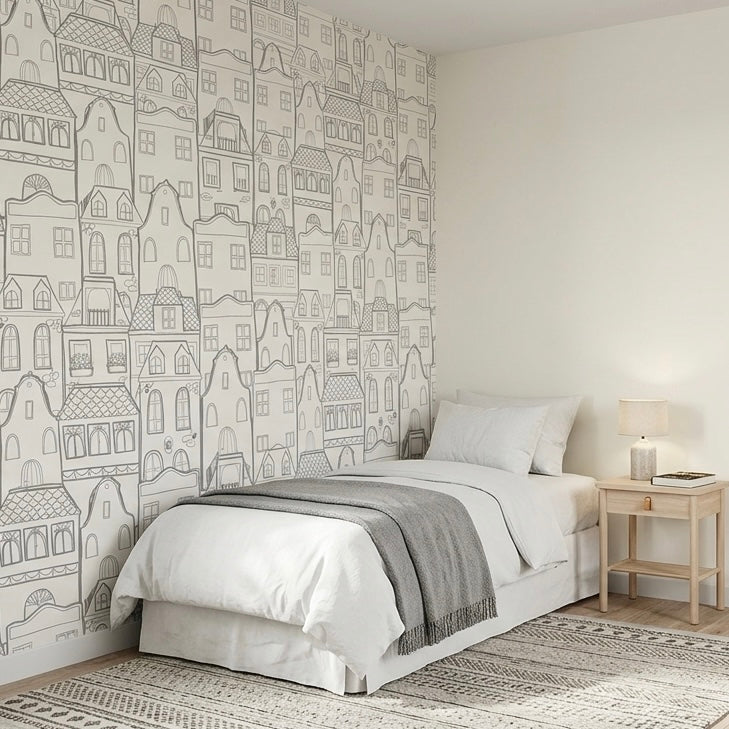 Wallpaper with houses | for children in white and gray