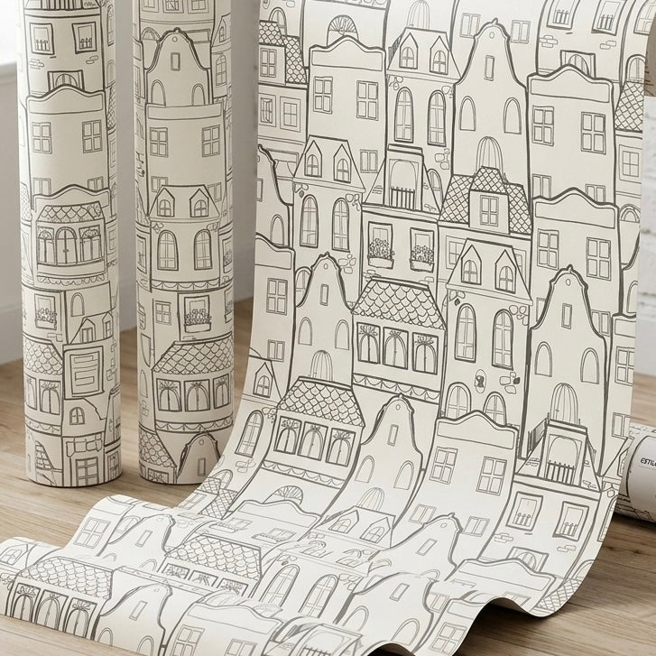 Papel pintado infantil con animales y casas | negro