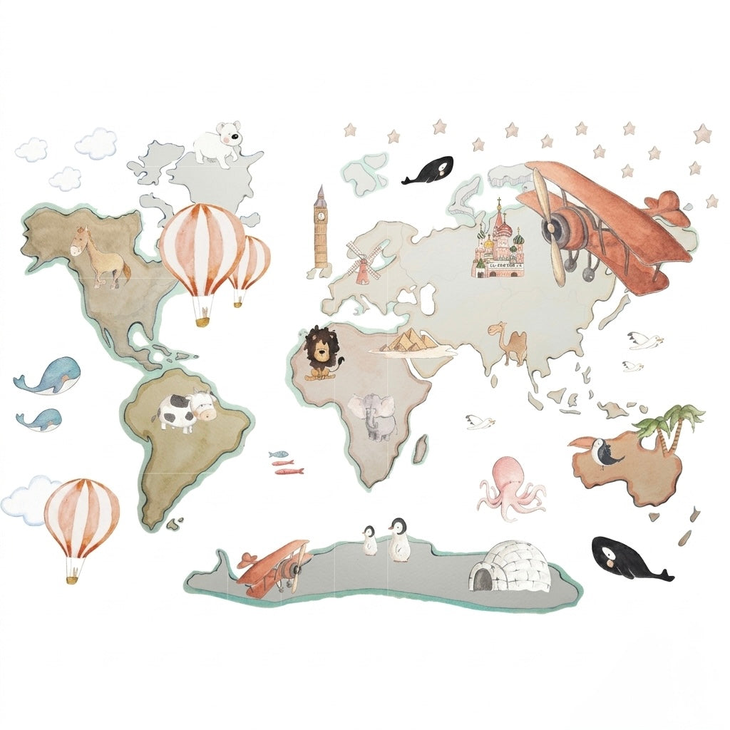 Children's decorative vinyl world map XL with balloons 220x180cm