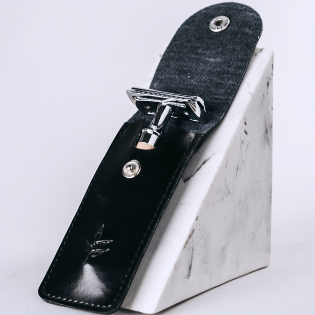 Funda de maquinilla de afeitar cuero vegano | negra