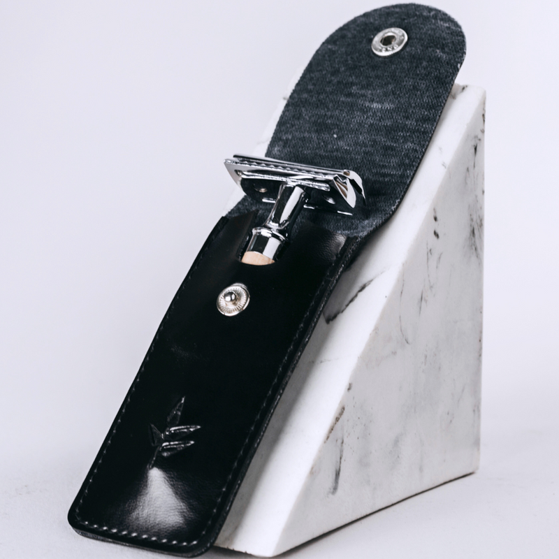 Funda de maquinilla de afeitar cuero vegano | negra