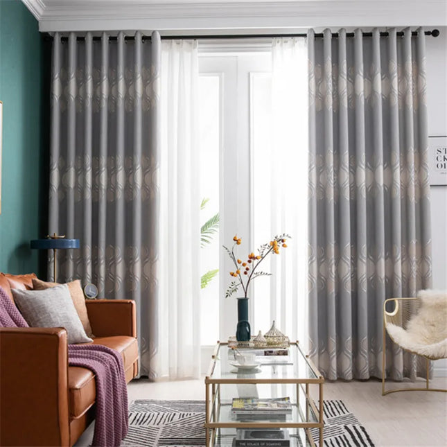 Thick, printed window curtains in gray and toffee