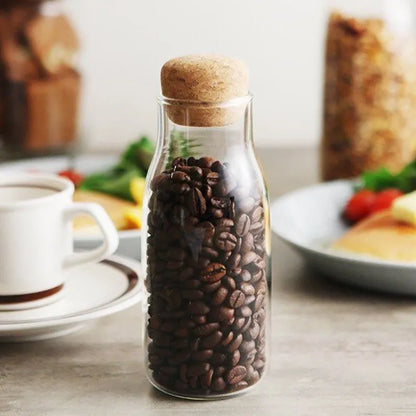 Jar with cork seal in transparent glass for storage of coffee, tea, etc.