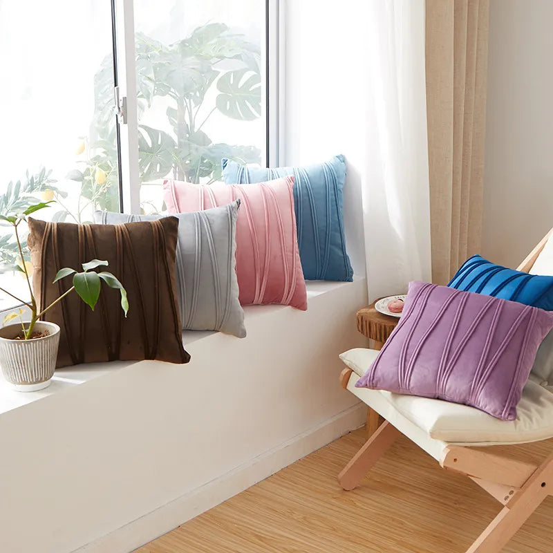 Decorative Striped Velvet Square Cushion Covers in Solid Colors