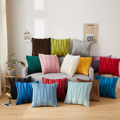 Decorative Striped Velvet Square Cushion Covers in Solid Colors