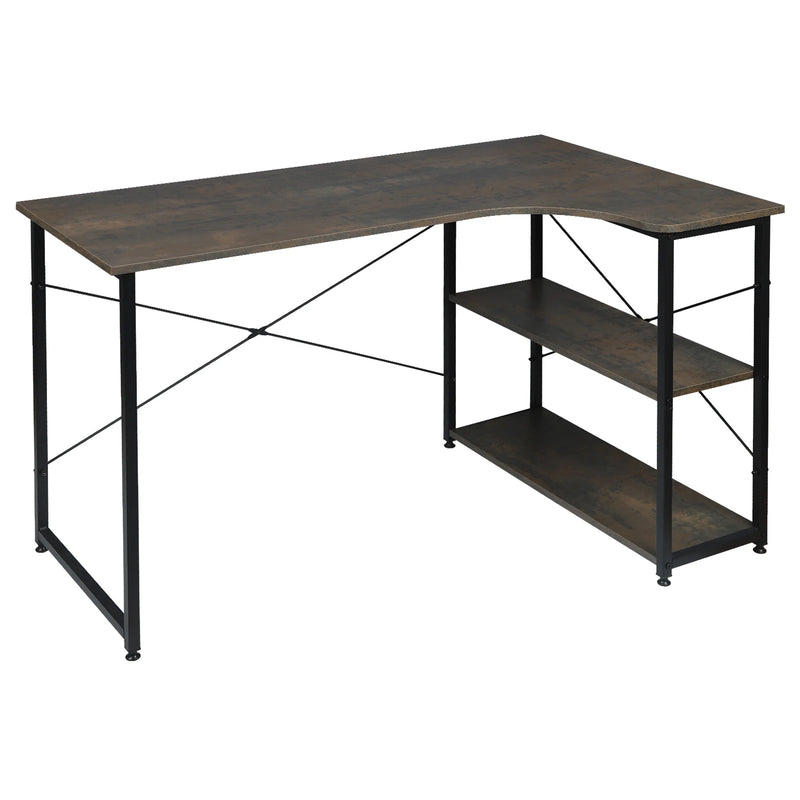 Escritorio esquinero en L con estantes | 120 × 74 × 71,5 cm · madera E1 y metalEscritoriosFurniture > Office Furniture > Desks