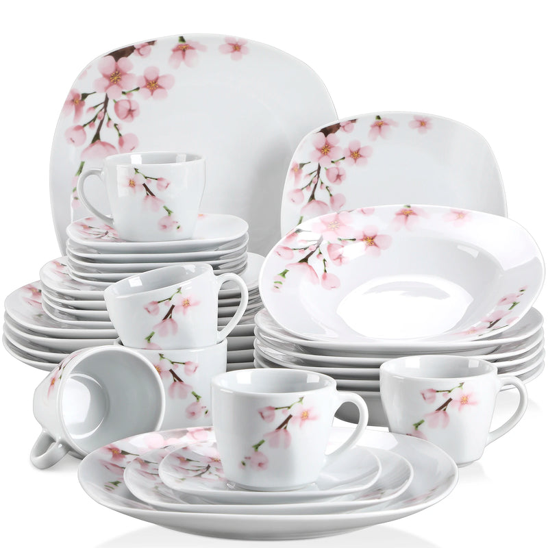 Juego de vajilla de porcelana blanca con flores rosas 30/60 piezas | Platos, tazas y platillos para 6-12 personasVajillas completasHome & Garden > Kitchen & Dining > Tableware > Dinnerware > Dinnerware Sets