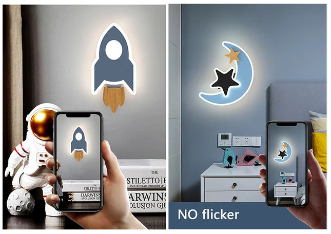 LED wall lamp in the shape of a rocket, moon and star