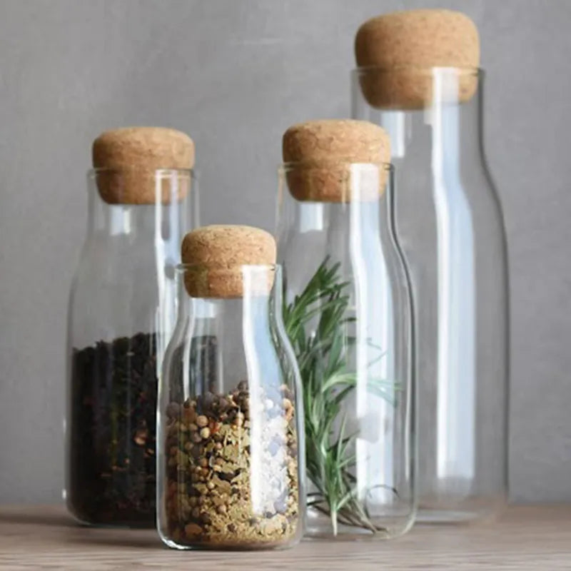 Jar with cork seal in transparent glass for storage of coffee, tea, etc.