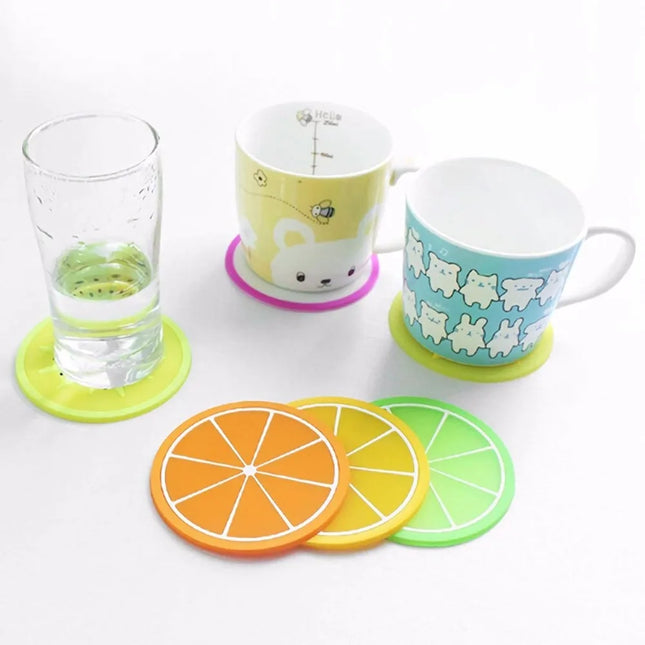 Thin gel coasters with non-slip silicone in the shape of a fruit, pack of 6 units