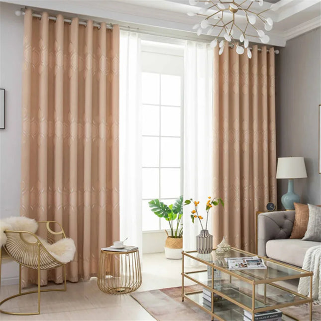 Thick, printed window curtains in gray and toffee