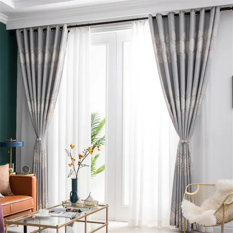 Cortinas para ventana tupidas y estampada en gris y tofe