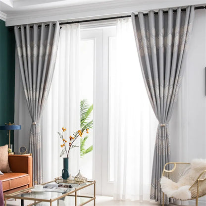 Thick, printed window curtains in gray and toffee