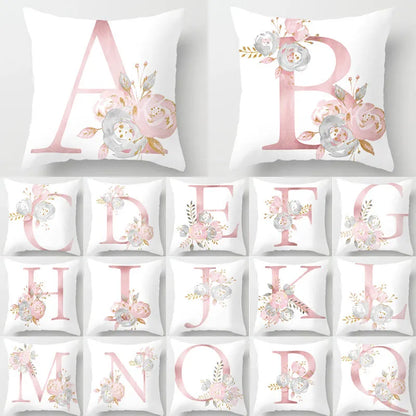 Housse de coussin décoratif avec imprimés lettres et fleurs en rose 1 unité