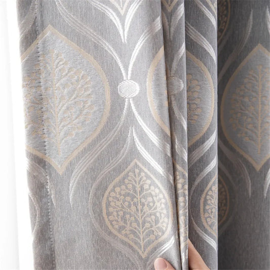 Thick, printed window curtains in gray and toffee